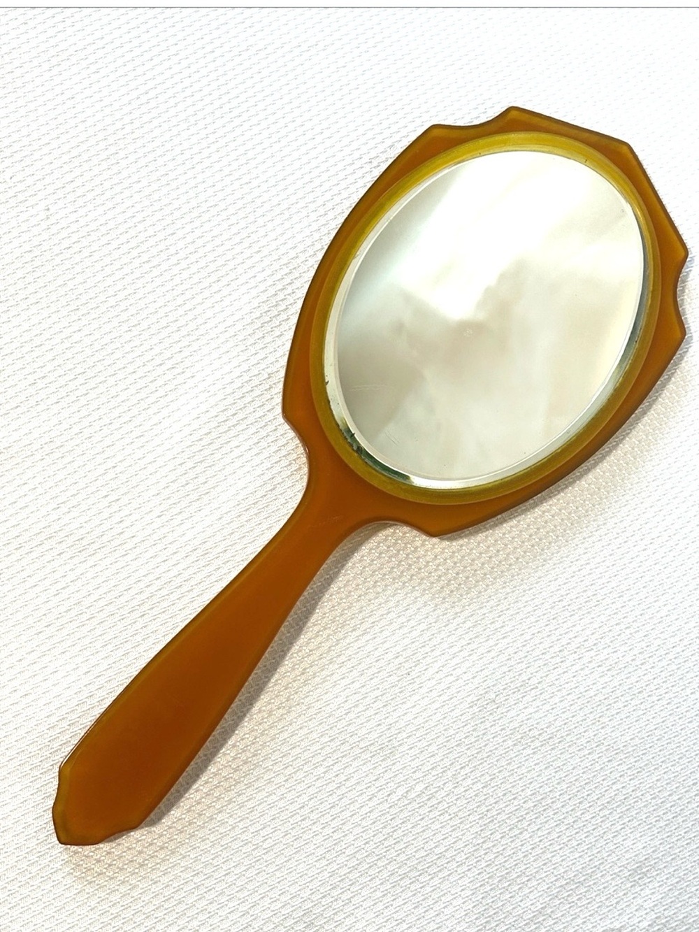 Vintage Art Deco Hand Mirror Yellow Marbled Celluloid Frame 14” Long